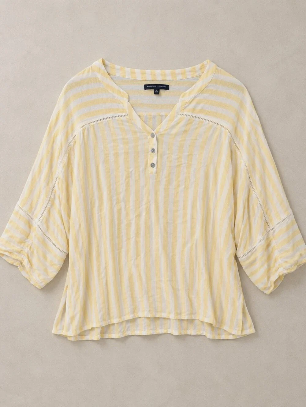 Adrienne Vittadini Blouse Yellow White Stripe Women 2X Boho Henley Peasant Lagen - Picture 2 of 7